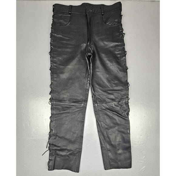 Genuine Leather Riding Pants Mens 34x31 Black Vintage Motorcycle Stitch Legs - Picture 1 of 7
